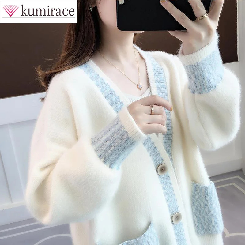 Mink Fleece Sweater Cardigan Womens Spring and Autumn Thickened Loose Mid Length Knitted Coat Winter Clothes Women 240813