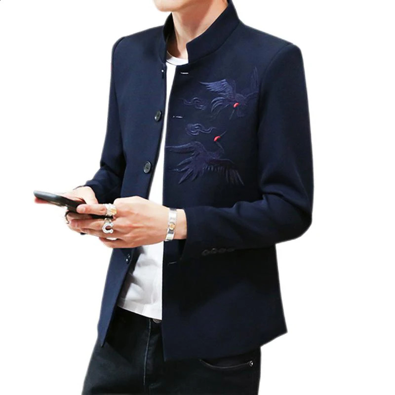 Crue de grue rouge de style chinois Veste de combinaison tunique 2024 Collier de support Zhongshan Blazer décontracté 240812