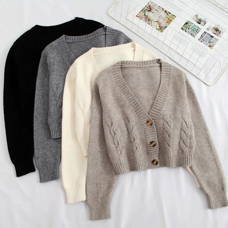 Automne hiver court pull femmes à manches longues Bouton de crop top à veste streetwear hauteur taille simple tricot à poitrine simple 240813