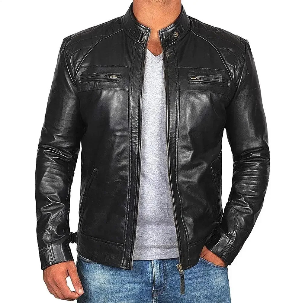 Mens Motorcycle Leather Jacket Autumn/Winter Large Standing Collar Coat Jacket 240813