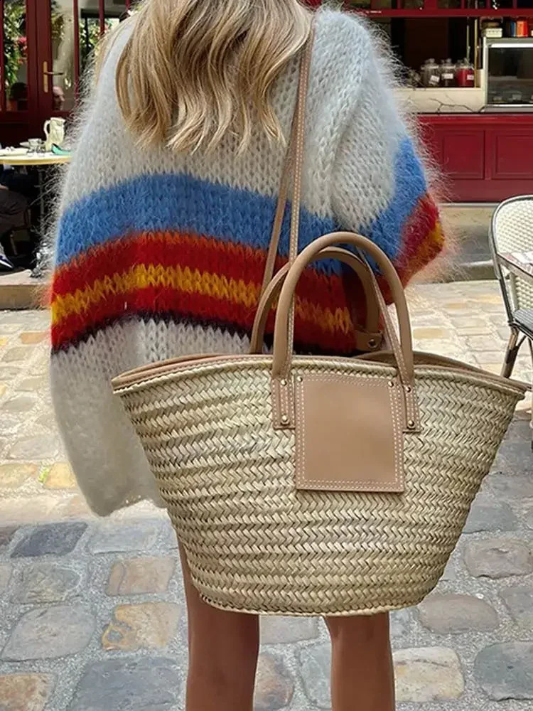 Femmes Élégantes bandes contrastées colorées Pull en vrac Cardigan Chic Puff à manches longues Pluls en tricot d'automne Lady Street Wear 240813