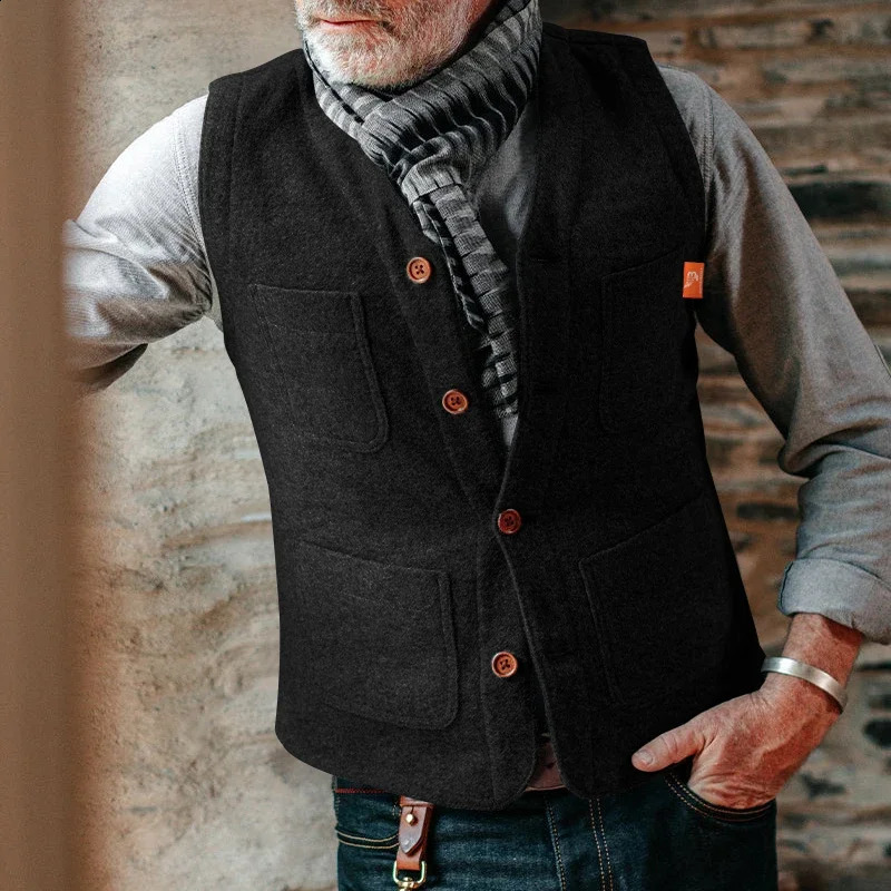 V-neck fashion suit wool vest mens retro style solid color single-breasted vest suitable for spring and autumn dinner suits 240813