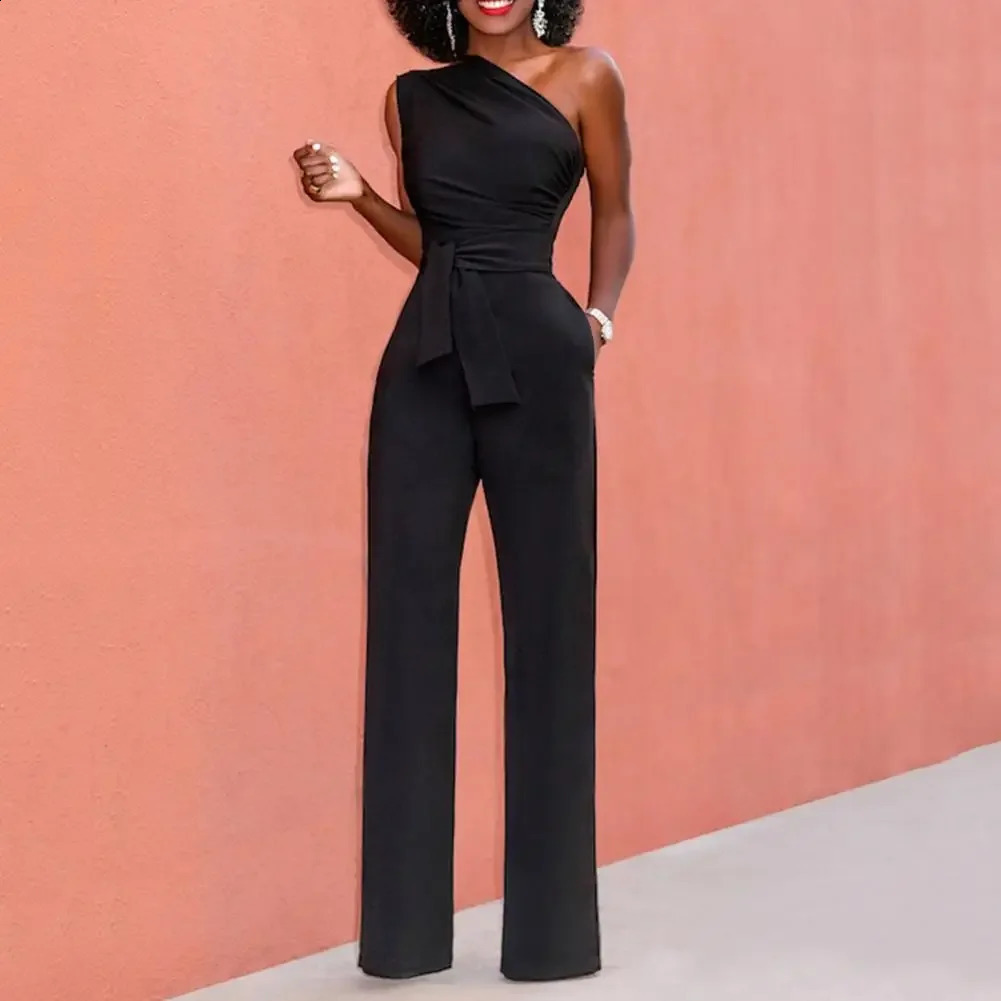 Sexy One Shoulder Rompers Womens Jumpsuit Summer Sleeveless Belt Wide Leg Elegant Lady Size Jumpsuits White Black 240813