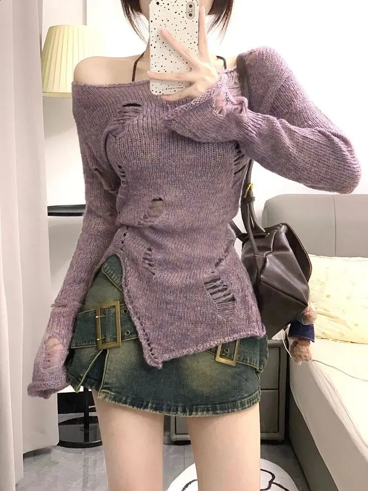 Autumn Knitted Sweater Women Sweet Y2k Aesthetic Jumpers Japanese Elegant Casual Split Pullovers Y2k Crop Tops Winter 240813