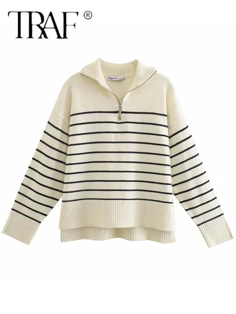 TRAF Women Fashion Loose Striped Asymmetry Knitted Sweaters Vintage Long Sleeve Zip-up Female Pullovers Chic Knitwear Tops 240813