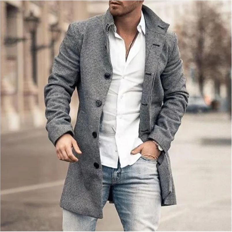 Men Clothing European American Autumn Winter Mens Woolen Stand Neck Mid Length Pocket Casual Woolen Coat 240812