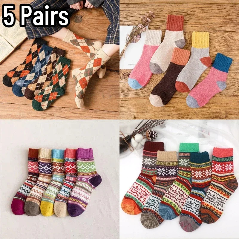 5 Pairs/ Lot Pack Women Socks Autumn Winter Snow Thickened Thermal Warm Folk-custom Retro Nordic Style Wool Socks Christmas Gift 240813