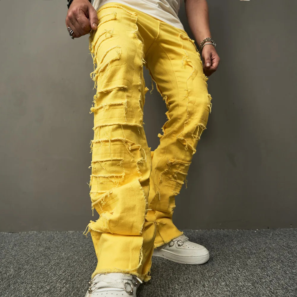 Fashion Street Clothing Trend Mens Splicing Loose Jeans Mens Hip Hop Straight Riding Denim Pants240812