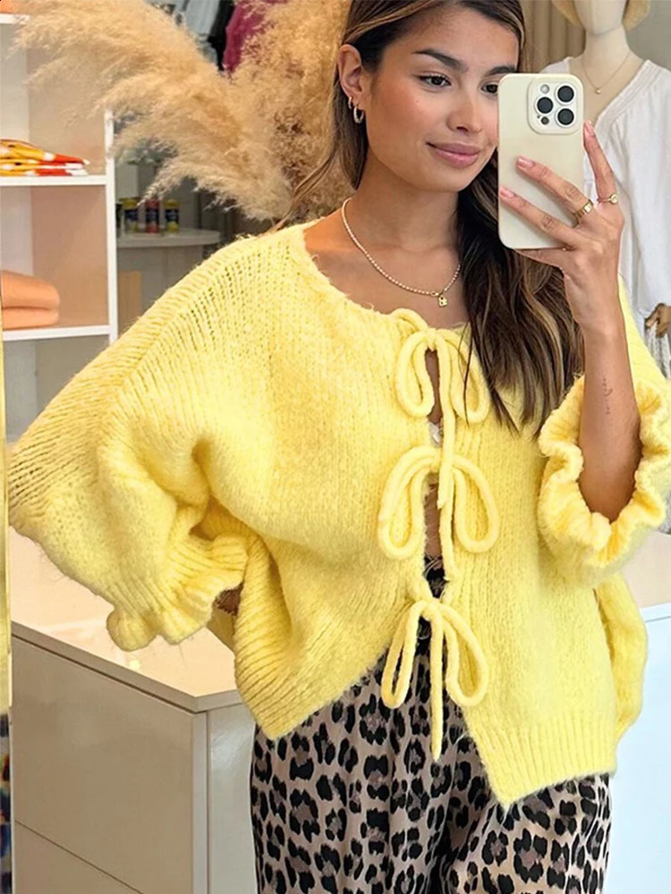 Casual Knitted Cardigan Women Solid Round Collar Lace Up Hollow Out Bow Half Sleeve Female Sweater Autumn Lady Streetwears 240813