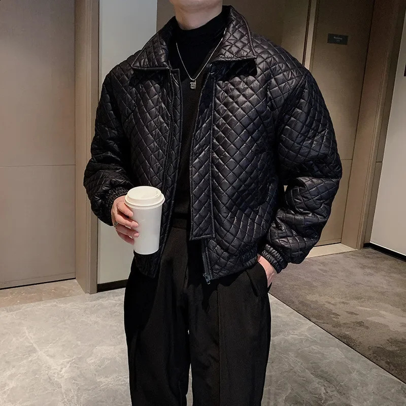 Winter Jacket Mens Trend Thickened Padded Jackets Lapel Loose Short Argyle Coat Bomber Youth Streetwear Chaquetas Hombre 240813
