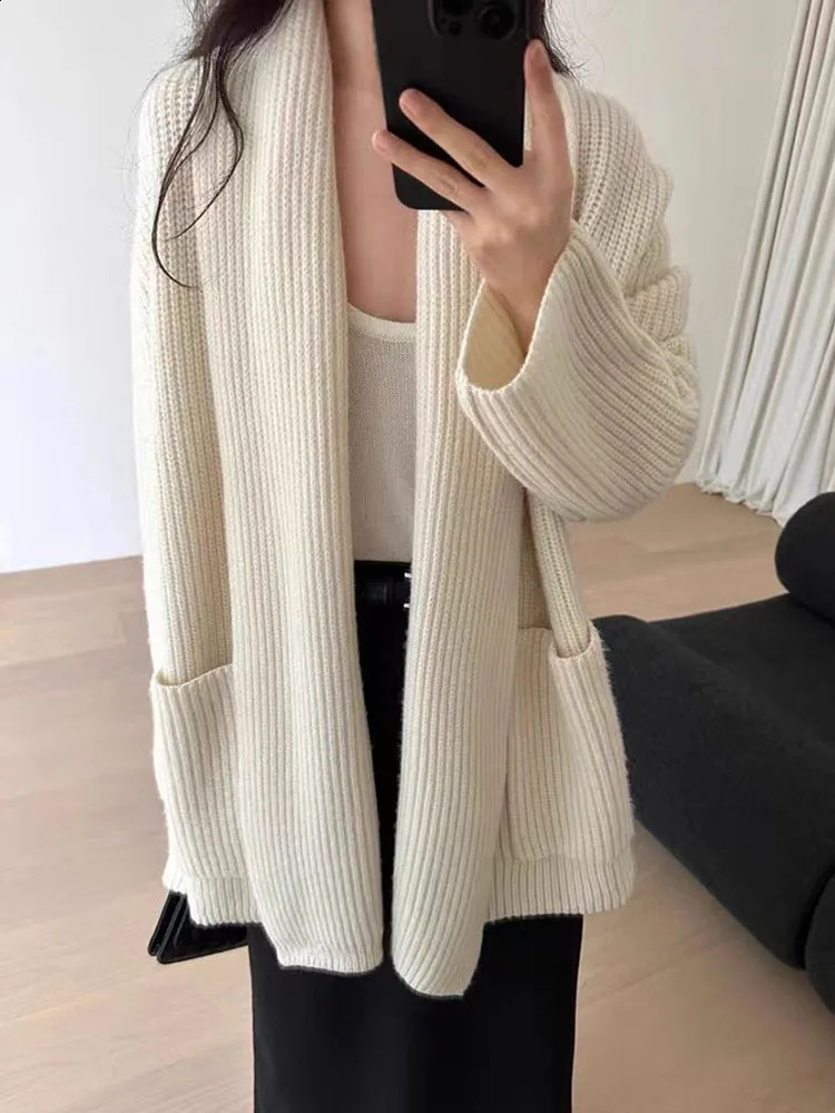 Jmprs Oversize Casual Cardigan Sweaters Women Elegant Lazy Wind Knitted Coat Tops Vintage Long Sleeve Big Pockets Loose Cardigan 240813