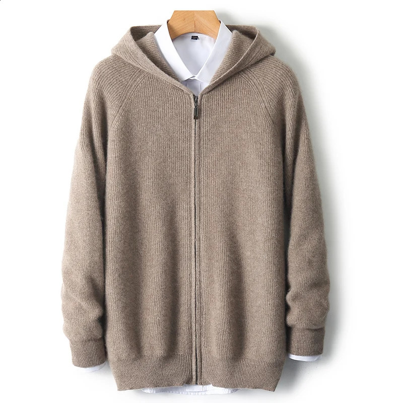 Smpevrg Mans Sweater Autumn Winter Thick Zipper Casual Coats Male Cardigan Long Sleeve Hooded Collar Jacket 100% Wool Knit Tops 240813