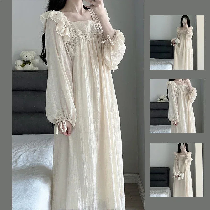 Ruffles Sleepwear Women Korean Square Collar Nightgown Lace Night Dress Spring One Piece Pajamas Long Sleeve Sleeping Home Wear 240813