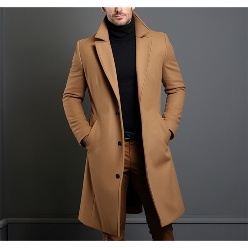 Woolen Coat Mens Medium Length Solid Color Autumn and Winter Warm Youth Woolen Jacket for Men 240812
