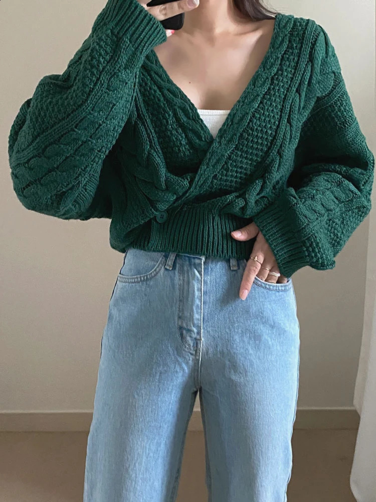 Women V Neck Knitted Cardigan Sweater Female Vintage Knit Sweaters Long Sleeve Fashion Autumn Oversized Jumper Tops 240813