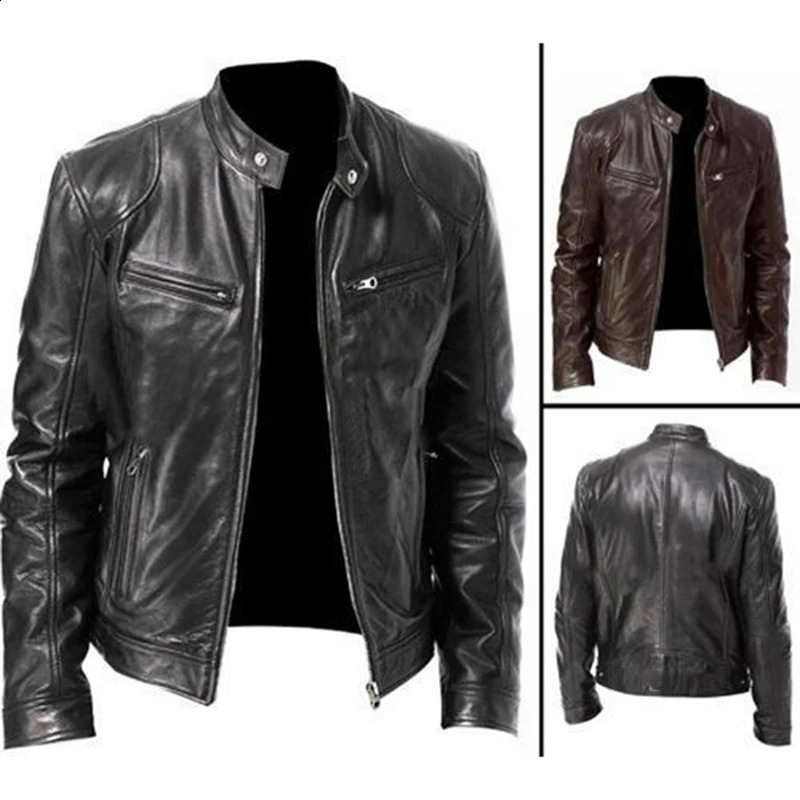 Mens Fashion Leather Jacket Slim Fit Stand Collar PU Jacket Male Anti-wind Motorcycle Lapel Diagonal Zipper Jackets Men 240826
