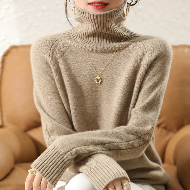 100% pur australien en laine tricotée purre de femmes pulls à col roulé doux doux pour les vêtements d'hiver féminins 240813