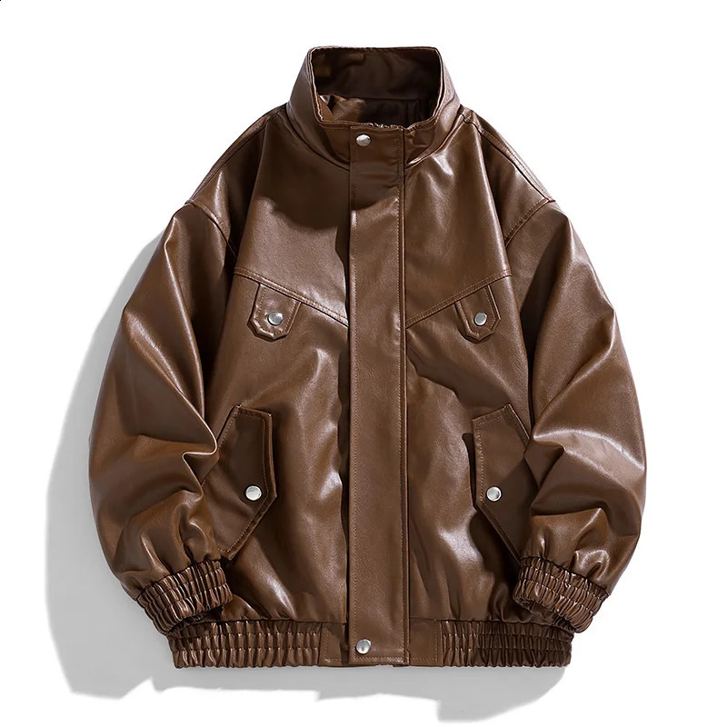 Mens Stand Collar Leather Jacket Motorcycle Biker Lapel Jacket Lightweight Vintage Brown Distressed Motorcycle Jackets for Men 240813