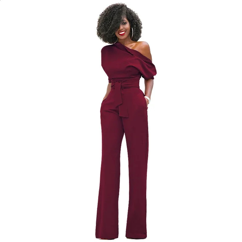 Customized High Quality Autumn Casual Jumpsuit One Shoulder Slash Neck Button Romper Full Length Jumpsuit Wide Legs Jumpsuit 240813
