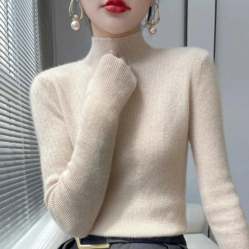 Zoki Autumn Winter Thick Knitted Sweater Women Fashion Korean Half Turtleneck Long Sleeve Sweater Harajuku All Match Warm Jumper 240813