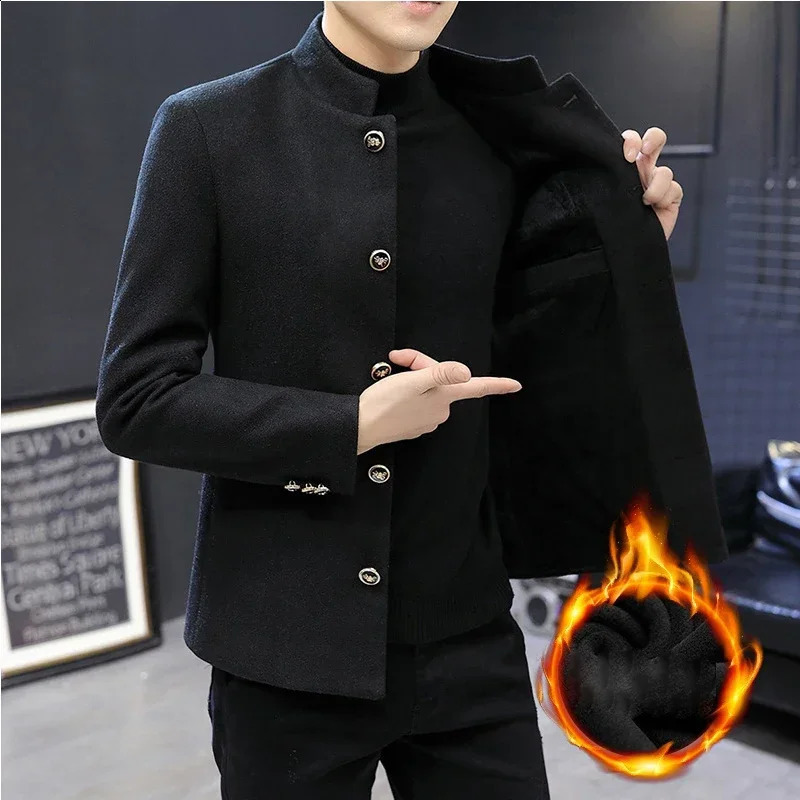 Foreign Trade Winter Mens Thickened Standing Collar Suit Korean Version Top Zhongshan Coat 240812