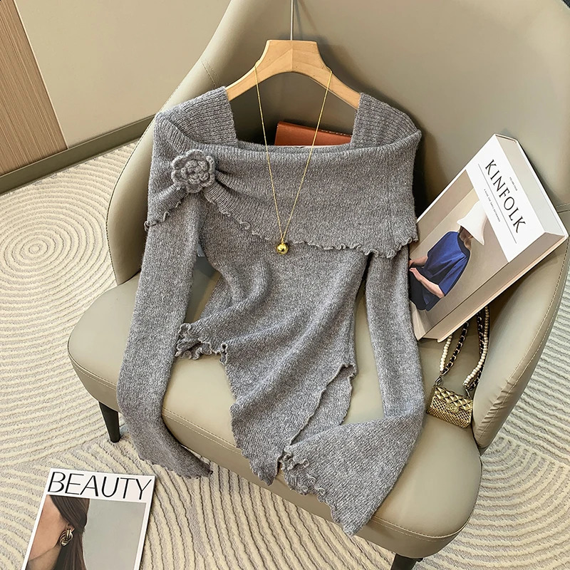 Bomon Autumn Korean temperament square collar sweater flared irregular slim spice pure long-sleeved knitwear woman 240813