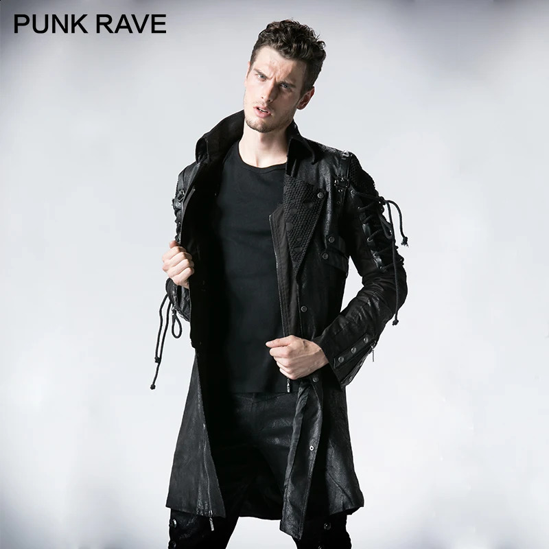 PUNK RAVE Punk Military Autumn Winter Jacket Western PU Leather Slit Unisex Gothic Retro Style Faux Men Long Coats 240812