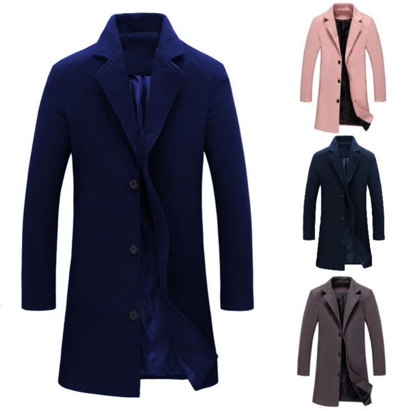 Autumn Winter Solid Slim Long Woolen Coat Men Single Breasted Lapel Jacket Overcoat Thin Business Trench Male Casual 9 Colors 240812