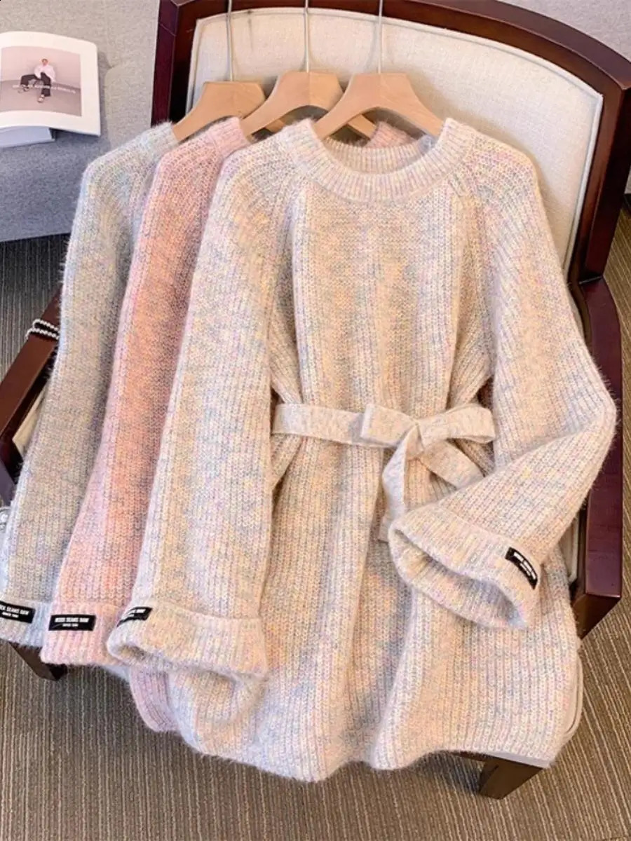 Womens Elegant Lace Up Sweater Dress Autumn Winter Soft Loose Round Neck Long Sleeved Pullover Knitted Mid-length Top 240813