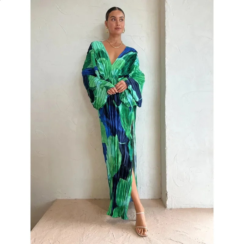 Robe plissée aux femmes printemps / été robe à manches longues décontractée à la mode imprimée à la mode