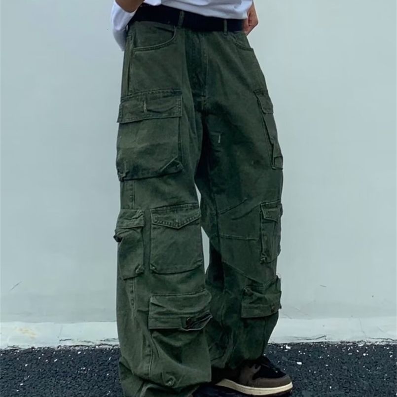 Pantalon de cargaison de printemps riz blanc multi-poche stoppe harajuku reste masculin