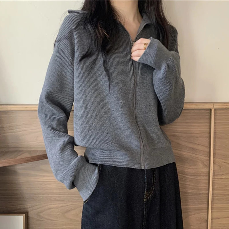 Zipper Knitted Cardigan Women Autumn Korean Fashion Long Sleeve Turtleneck Sweater Woman Simple Versatile Cropped Cardigans 240813
