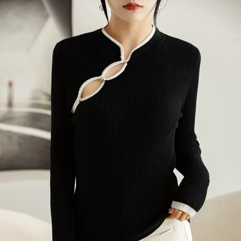 Women High Elasticity Sweater Chinese Cheongsam Style Pullover Basis Casual Slim Cashmere Warm Knitting Women 240813