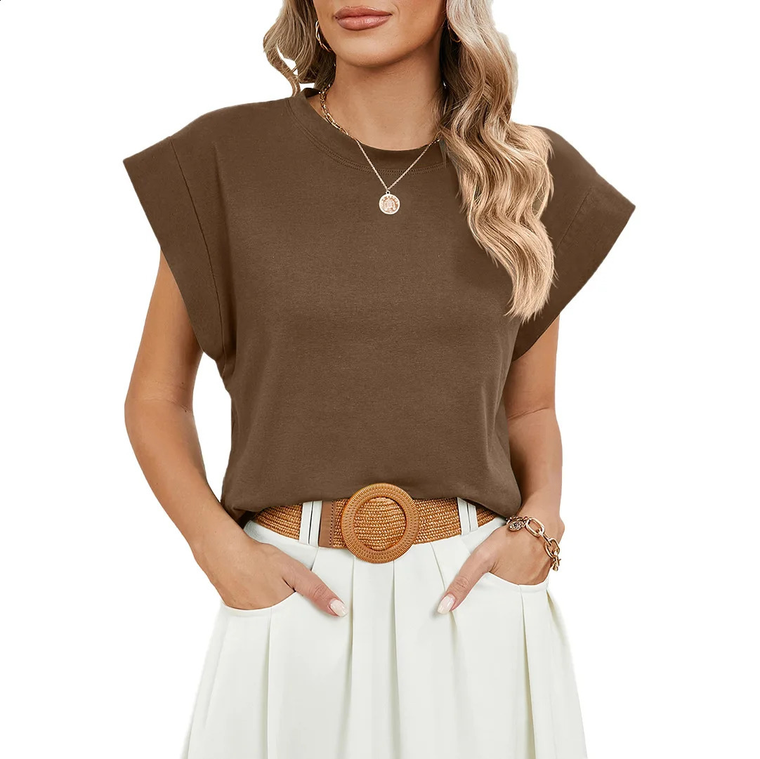 Tops pour les femmes tendance d'été décontracté manche courte basique texturée Stripe Solid Color Round Couge T-shirts Blouse 240814