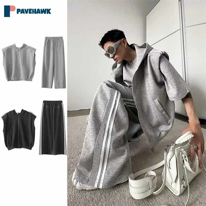 Mens casual suit summer sleeveless striped hooded vest pants two-piece set High Street Harajuku streetwear set240813