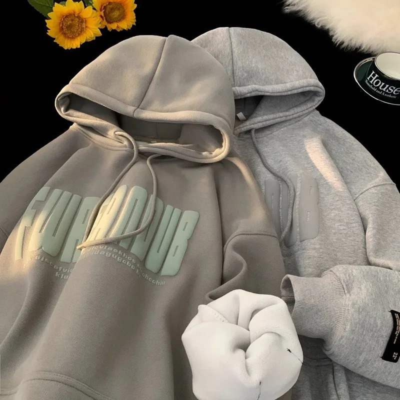 2024 autumn and winter oversized thickened English letters mens loose hooded wool hoodie 240813