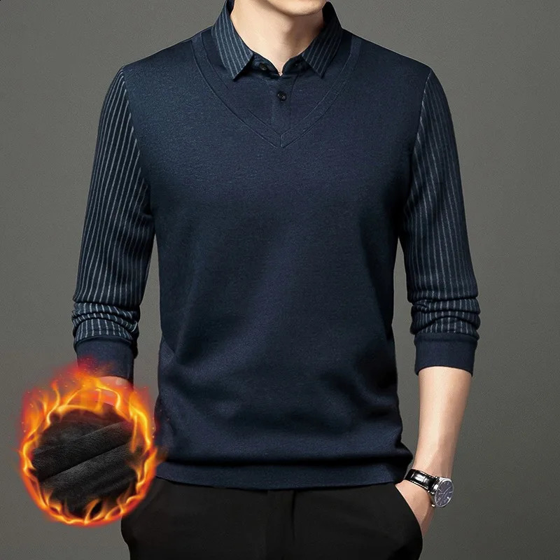 Autumn and winter mens polo plush and thick fashionable casual vacation two-piece long sleeved British style lapel bottom top 240814