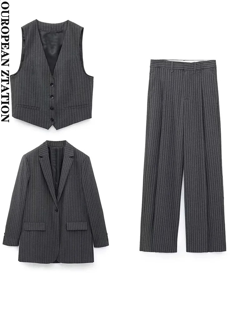 PAILETE Women fashion side vents straight pinstripe blazer or high-waist trousers or welt pockets waistcoat pieces sets 240814