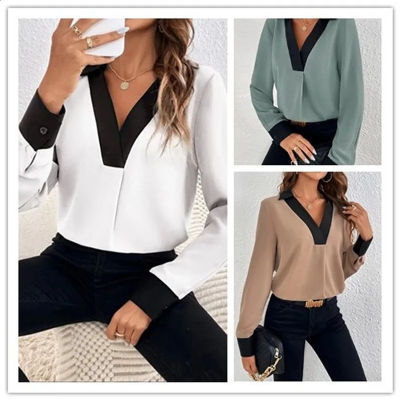 Womens Fashion V-neck Comparison Long Sleeve Casual Shirt Autumn/Winter Elegant Office Womens Shirt Womens Top S-XXL 240814
