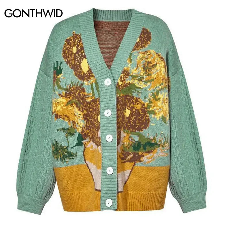 Vintage Cardigan pull manteau Harajuku tricoté rétro Van Gogh tournesol bouton pull unisexe Hip Hop décontracté pulls amples vert 240813