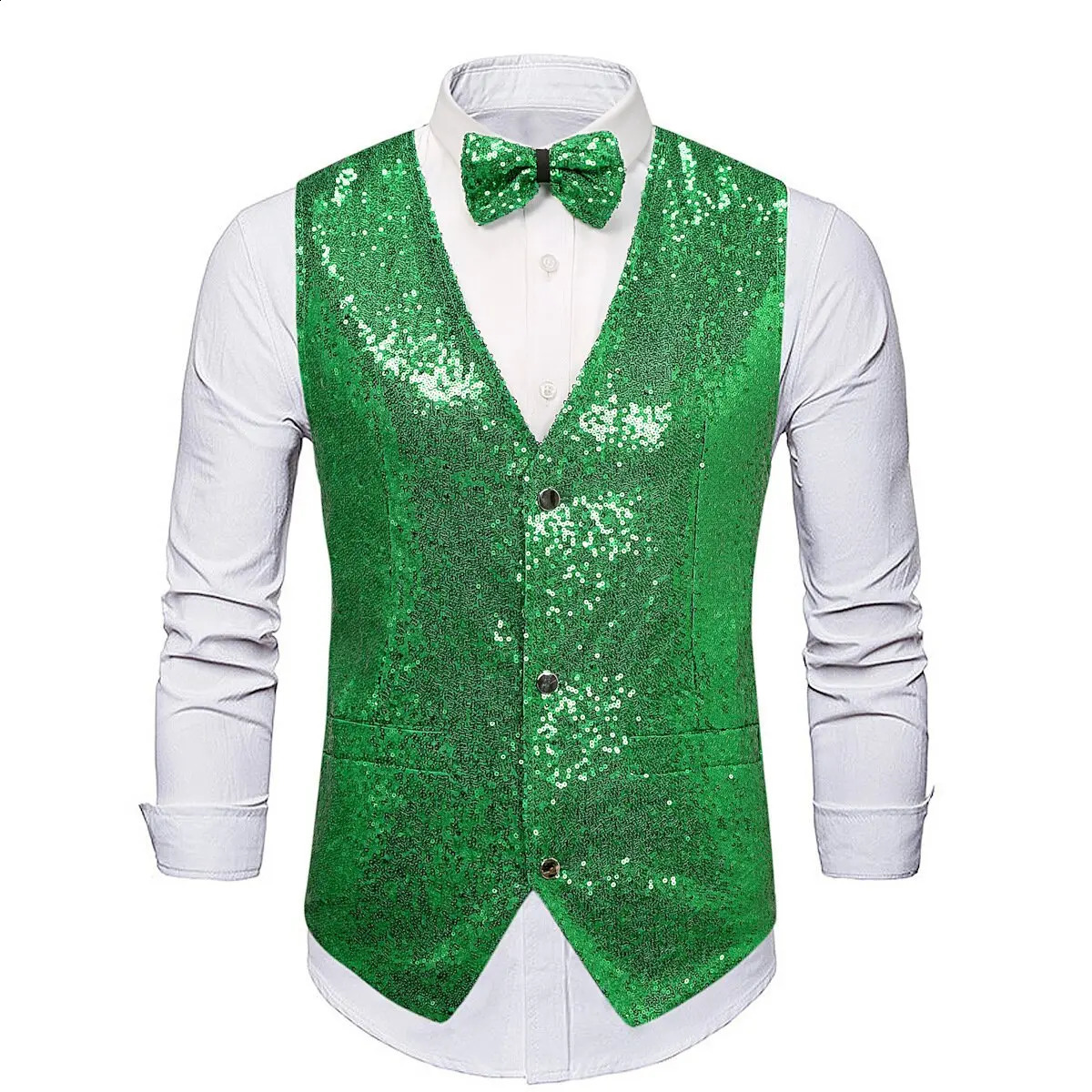 Shining green sequins sparkling waistband mens slim fit V-neck 2-piece mens tank top with bowling wedding party stage ball costume gold-plated 24