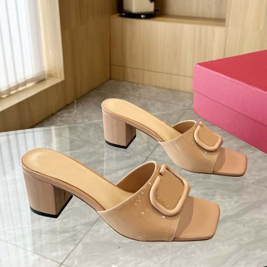 Brand Women's Shoes New Metal Decorative Buckle Simple Style Square Head Thick Heel Slippers Patent Leather High Heels Luxury Designer Shoes Wo
