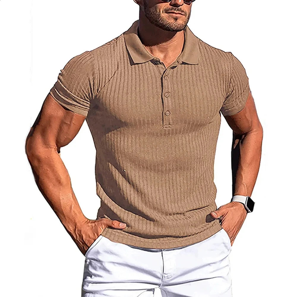 Summer Mens Pole Solid Color Striped Fitness Short Sleeve Polo Shirt Fashion Stand Collar Texture 240813