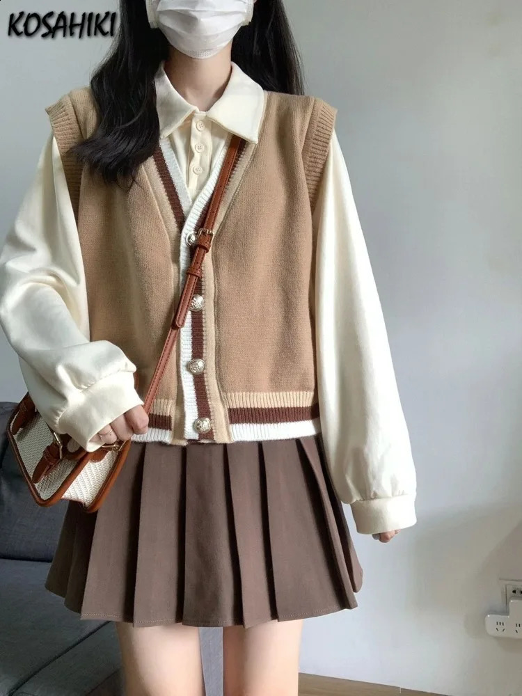 Autumn Spring Vintage Patchwork Waistcoat Preppy Style Y2k Aesthetic Retro Vest Women Single Breasted Sleeveless Sweaters Lady 240814