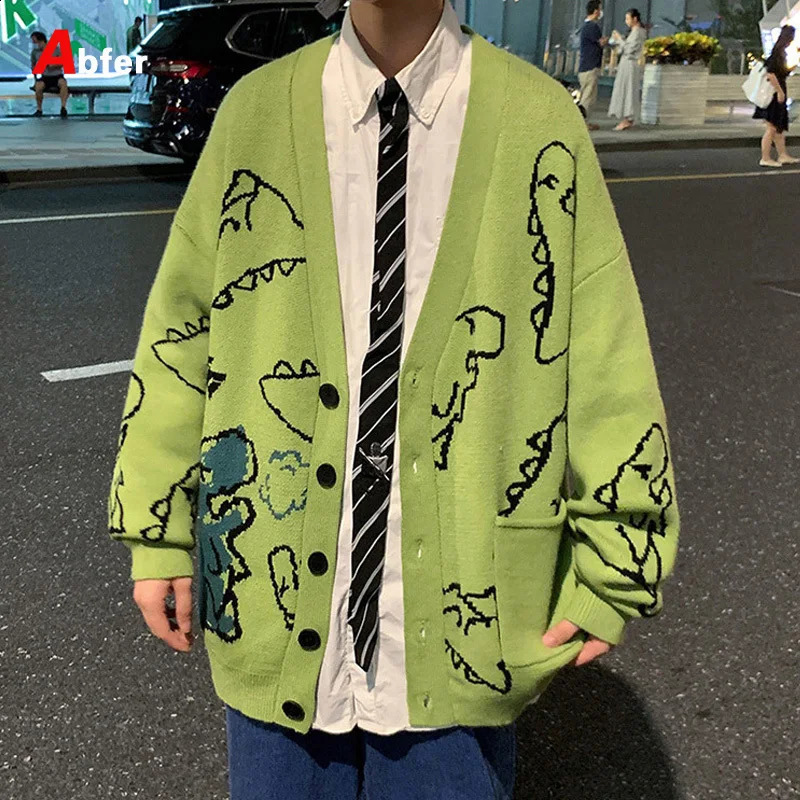 Abfer Autumn Oversize Cardigan Men Knitted Dinosaur Sweater Streetwear Loose Male Women Coat Doodle Hip Hop Pattern Winter 240813