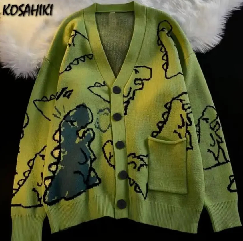 Woherb printemps automne V couche de cou cardigans femmes dinosaur dessin animé imprimé cardigan cardigan femelle harajuku tricots pulls 240814