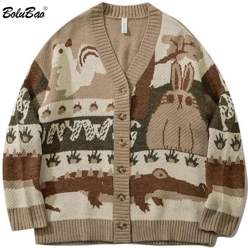 Bolubao Vintage Cardigan Pull surdimensionné Men Men Pullover Hip Hop Streetwear Strewear Loose Tricswear Harajuku Cartoon Male tricoté 240813