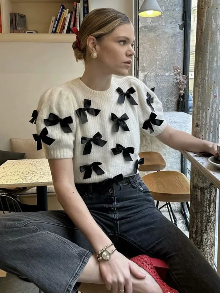 Y2K TRAF O-Neck Winter Pullover Short Sleeve Sweaters for Women Female with Bow Pullovers Tops Ladies Knit Sweaters In 240814