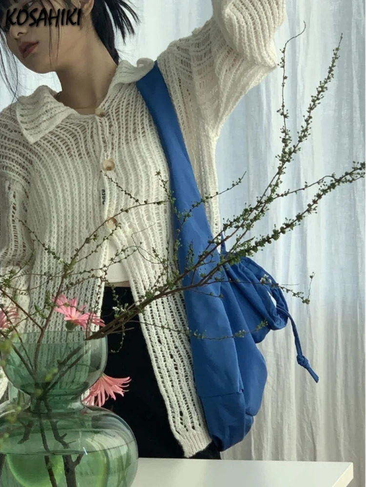 Y2k Aesthetic Spring Cardigan Femme Vintage Grunge Knitted Harajuku Turn Down Collar Elegant Loose Women Sweaters 240814