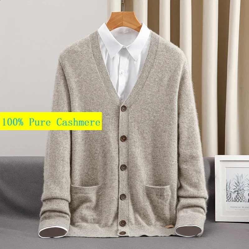 Fahsion 100% Cashmere Cardigan Mens Solid Color Knitted Sweater Jacket Autumn Plus Size S M L 2XL 3XL 4XL 5XL 6XL 240814